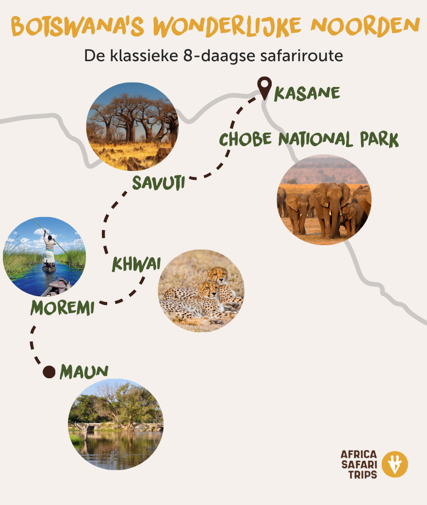 Kaart van de klassieke achtdaagse safariroute door het noorden van Botswana, van Maun naar Kasane via Moremi, Khwai, Savuti en Chobe National Park.