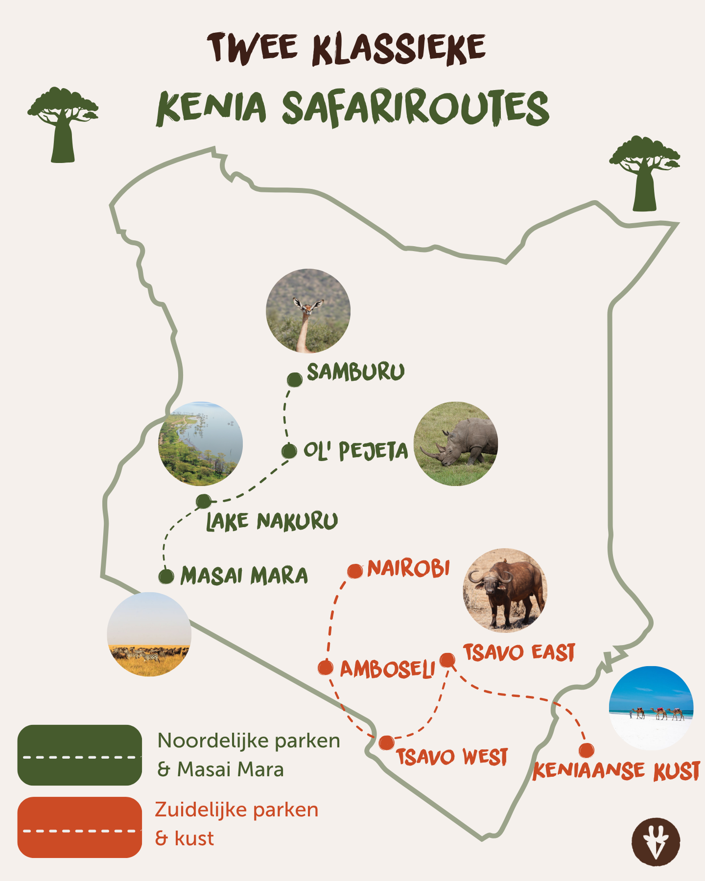 Kaart met twee klassieke safariroutes door Kenia: via de noordelijke parken en de Masai Mara, en via de zuidelijke parken en de Keniaanse kust.